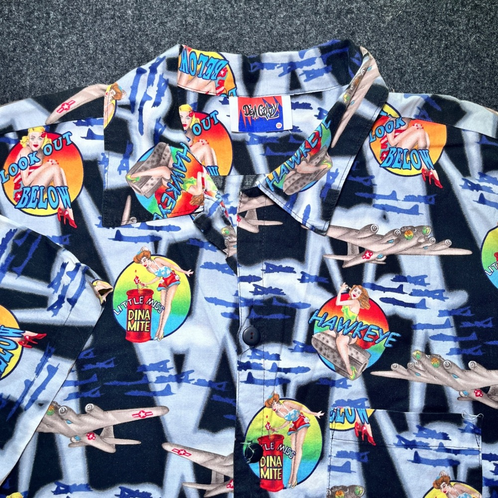 Dem Crazy Button Down Shirt Mens 2X‎ Blue Pin Up Girl Airplane USA Made